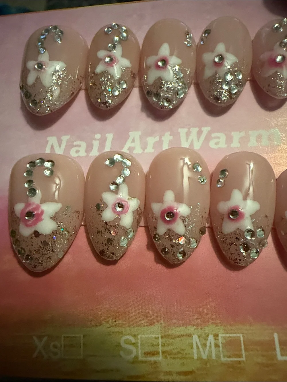 Pink Floral Rhinestone handmade acrylic Press-On Nails